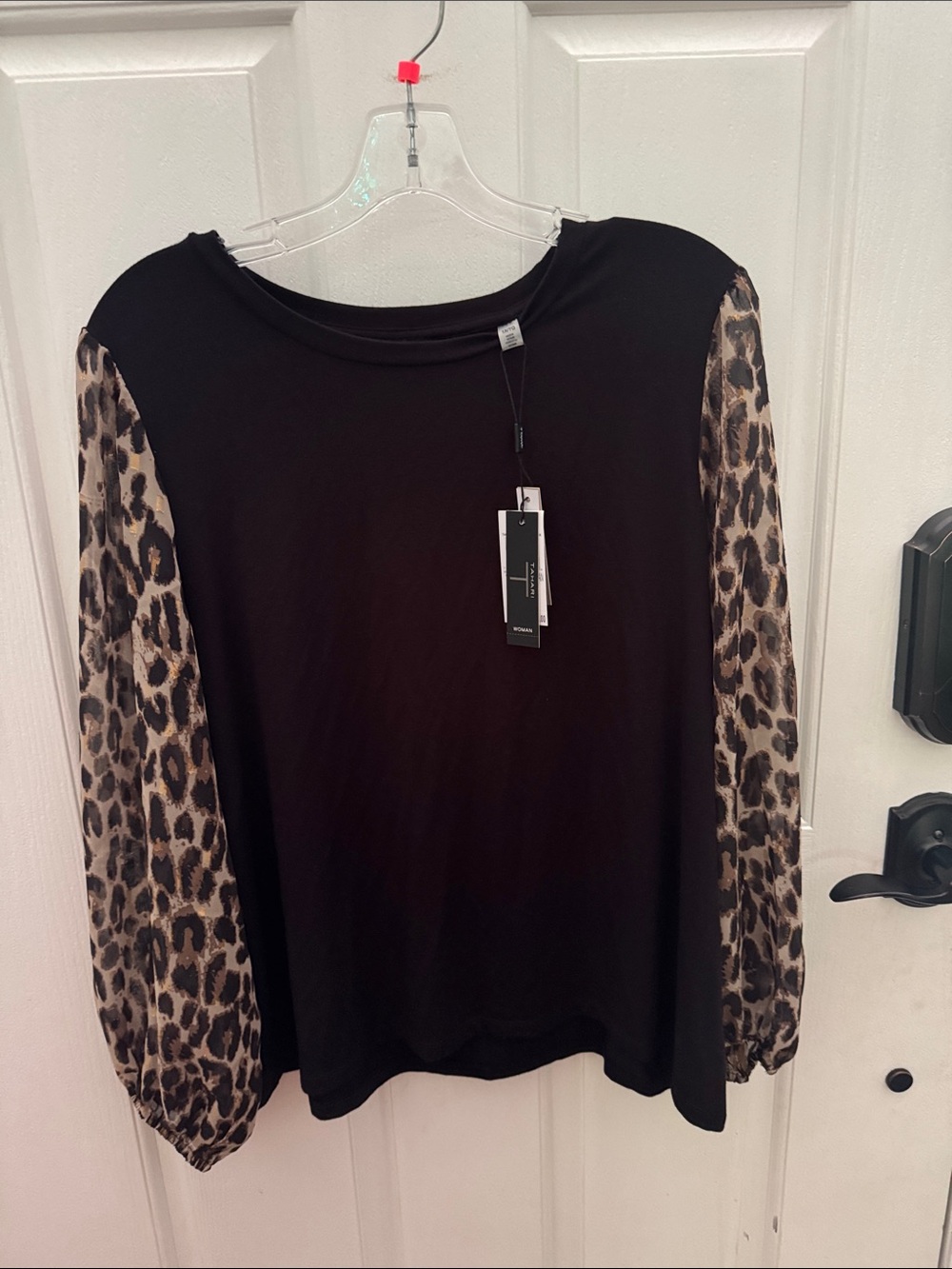 Tahari Black Knit Top with Leopard Sheer Long Sleeves